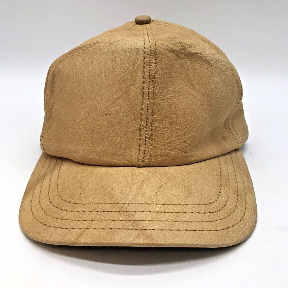 Vintage 90s Adventure Bound Baseball Cap Tan Genuine Leather Strapback Hat USA